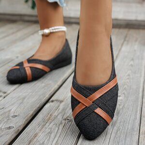 New Denim Pointed Toe Flats with Criss-Cross Vegan Leather Trim